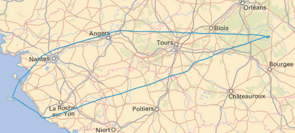 Trace de la navigation Aubigny - Les Sables d'Olonne - balade vers l'Ile d'Yeu et Noirmoutier - Angers - Aubigny